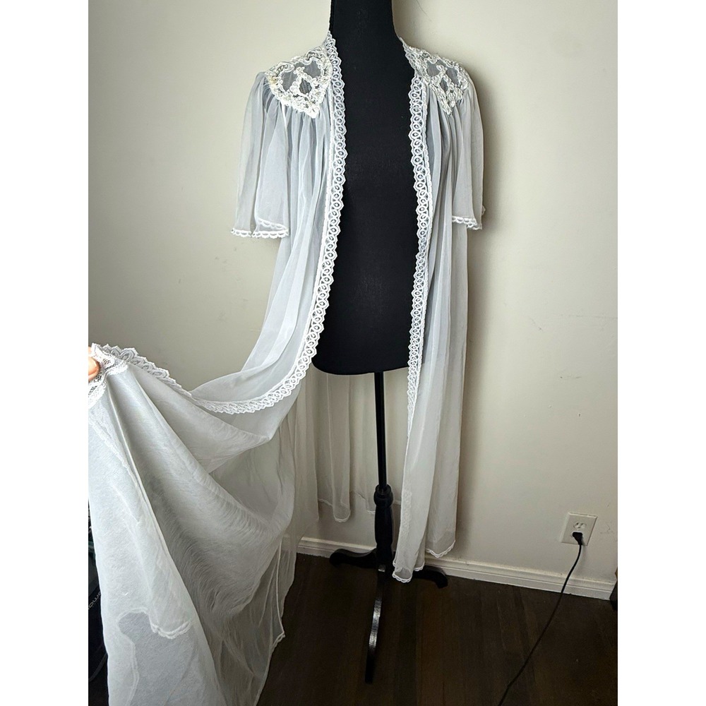 Vtg Val Mode Sheer White Peignoir Robe Lace Pearl Heart Applique Bridal Medium